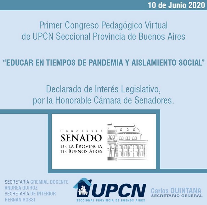 La Legislatura bonaerense declaró de Interés Legislativo al I° Congreso Provincial Pedagógico Virtual Educar en Tiempos de Pandemia y Aislamiento Social