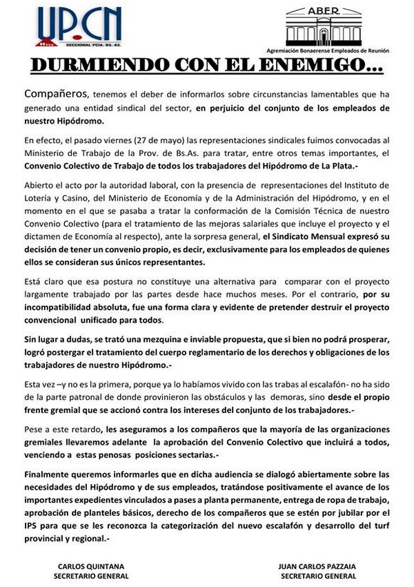 Durmiendo con el enemigo: comunicado de la UPCN y la Agremiación Bonaerense de Empleados por Reunión