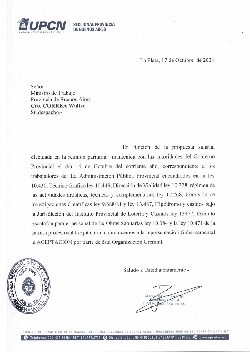 UPCNBA aceptó la propuesta de aumento salarial del Gobierno provincial para los haberes de octubre (4%) y noviembre (4%)