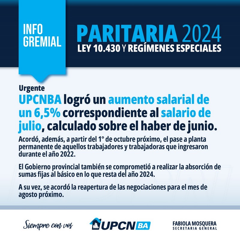 Paritaria Ley 10.430 y de Regímenes Especiales: UPCNBA logró un aumento del 6,5% para los salarios de julio