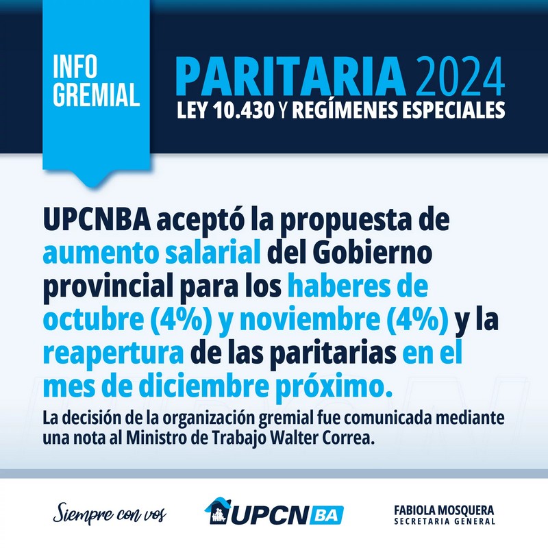 UPCNBA aceptó la propuesta de aumento salarial del Gobierno provincial para los haberes de octubre (4%) y noviembre (4%)