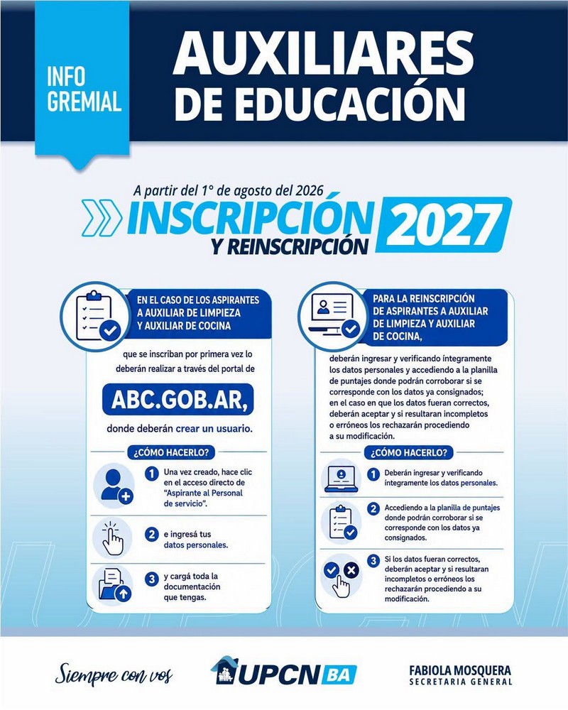 Auxiliares de educación: inscripción y reinscripción 2027 a partir del 1° de agosto