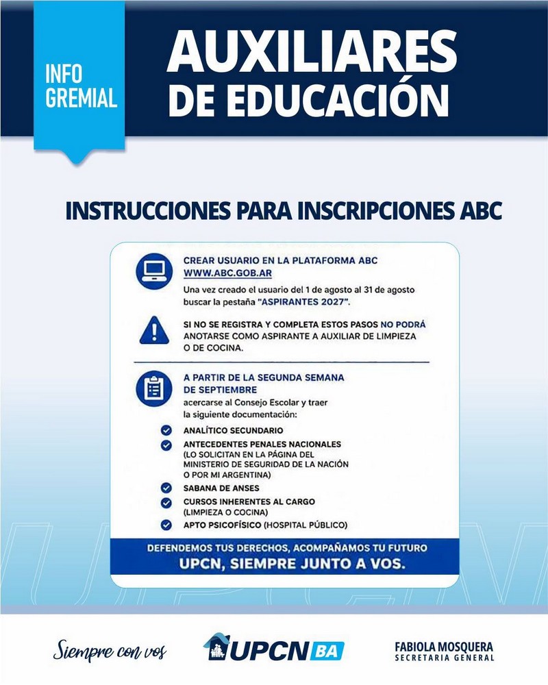 Auxiliares de educación: inscripción y reinscripción 2027 a partir del 1° de agosto