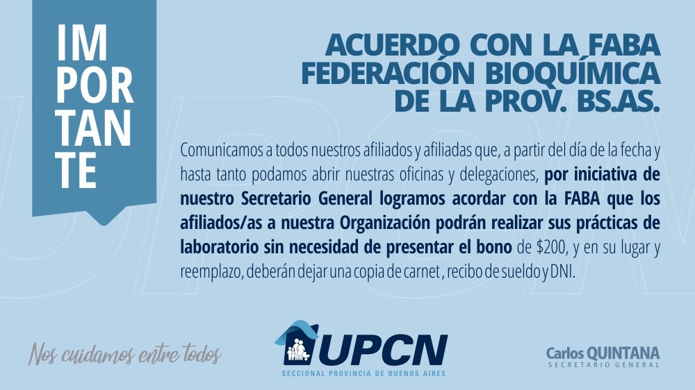 Acuerdo con la FABA: afiliados/as de UPCN BA podrán realizar prácticas de laboratorio sin presentar el bono de $200